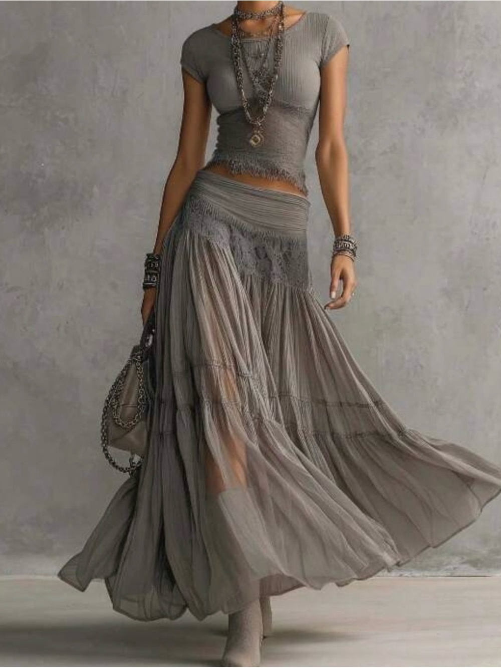 Boho Flow Maxi Skirt and Top in Taupe